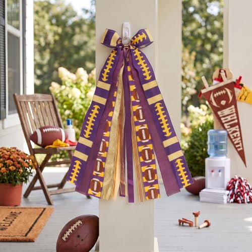 Football Wreath Sash - Purple Gold Ribbon Bow for Game Day Decor - Variation of Purple Gold