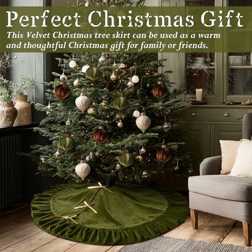 Velvet Christmas Tree Skirt 60 Inches Bow Style Olive Green - Holiday Decor