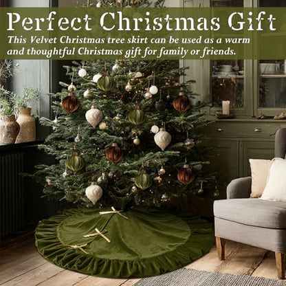 Velvet Christmas Tree Skirt 60 Inches Bow Style Olive Green - Holiday Decor