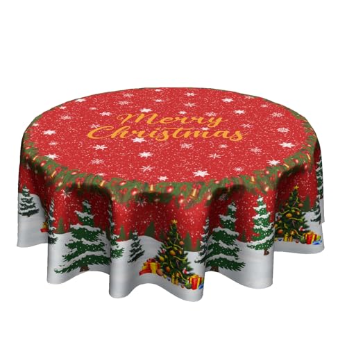 Kawani Christmas Red Tablecloth 60 Inch Round Snowflake & Tree Design - Holiday Kitchen Decor