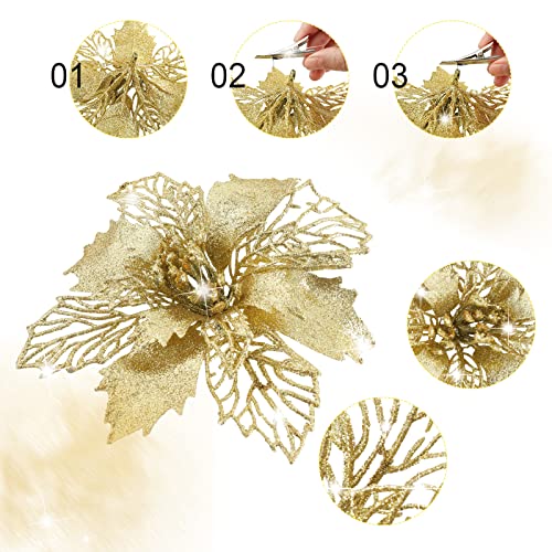 Gold Christmas Poinsettia Tree Decorations Set - 24 Glitter Artificial Flowers with Clips