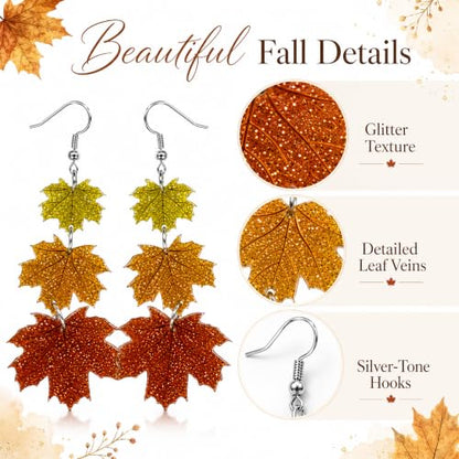 Thanksgiving Fall Maple Leaf Earrings for Women - 3 Layer Autumn Jewelry - Orange Yellow