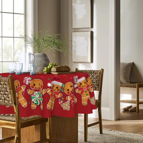 Christmas Tablecloth 90x90 Inch Round Red Cartoon Gingerbread Stars Washable Party Decor
