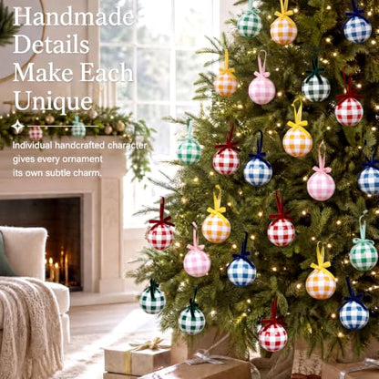 Gingham Plaid Christmas Tree Ornaments - 6 Glass Holiday Decorations with Velvet Bows
