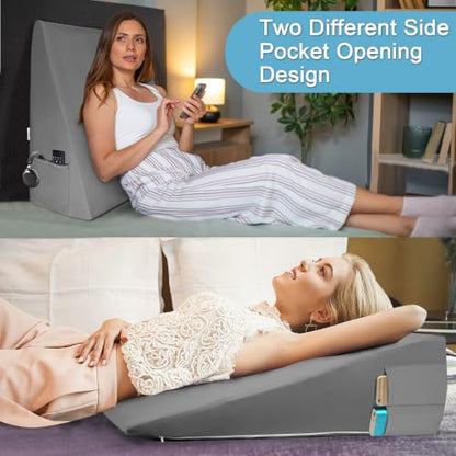 Cooling Wedge Pillow Cover 24x24x12 Inch with Side Pockets - Breathable & Machine Washable