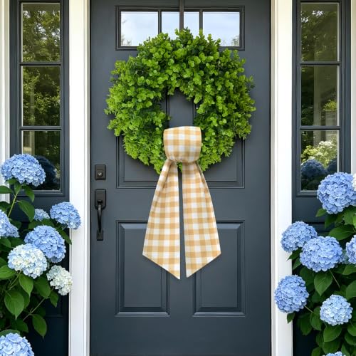 Khaki and White Gingham Wreath Sash for Front Door - 55.5" x 5.1" - Versatile Seasonal Decor