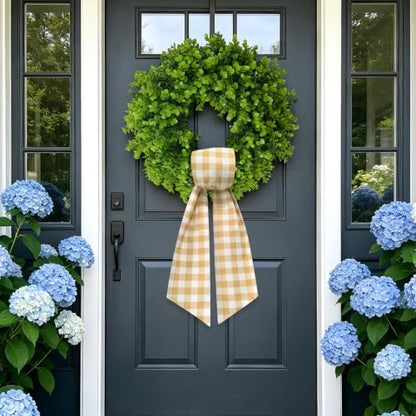 Khaki and White Gingham Wreath Sash for Front Door - 55.5" x 5.1" - Versatile Seasonal Decor