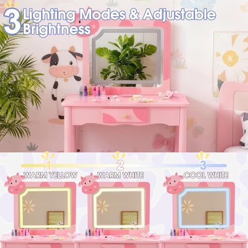 Kids Vanity Set with LED Mirror & Cow Shape - Pink with Cow Pattern