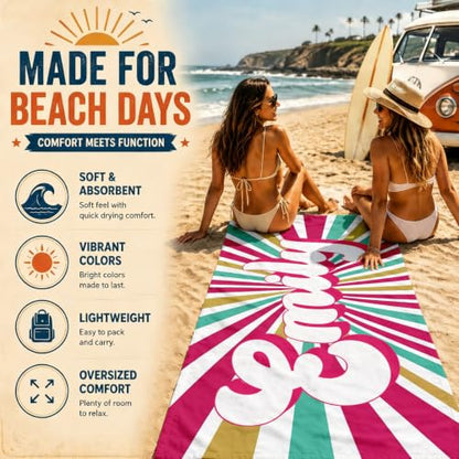 Personalized Beach Towel with Name - Retro Summer Vacation Style 02 - Microfiber, Quick Dry & Sand-Free - Custom Kids & Adults Beach Gift