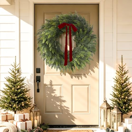 Green 26-Inch Christmas Cedar Wreath for Front Door Indoor Outdoor Decor - Real Touch Handmade Full Faux Greenery Set