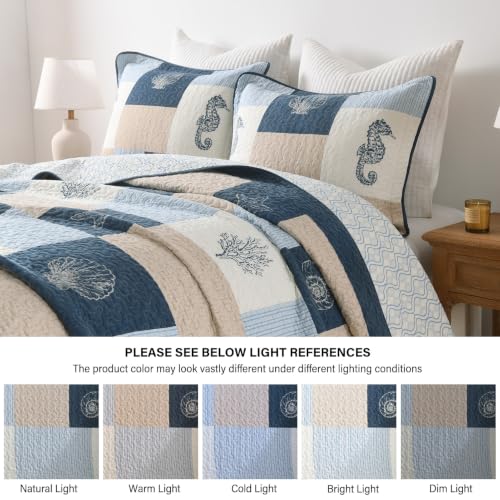 PERHOM Reversible Nautical Cotton Quilt Set Queen Navy Blue Light Blue Beige 98x90