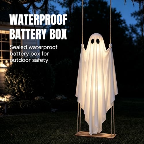 Outdoor Hanging Ghost Decoration with Lights - 5FT Spooky Swing Ghost for Yard Porch