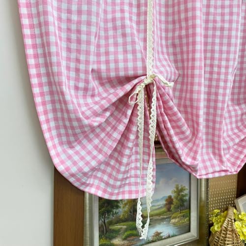 Pink Floral Gingham Tie-Up Balloon Curtain with Lace Trim - 55W x 63L