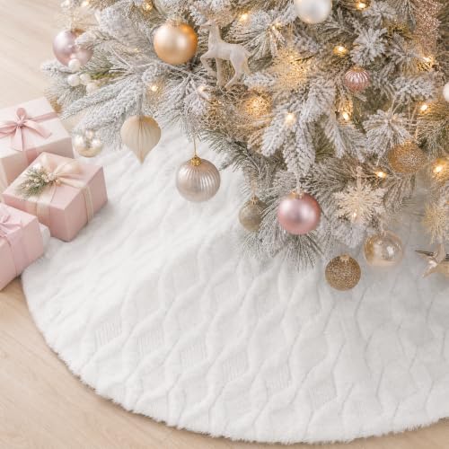 Cream Knitted Christmas Tree Skirt 24 Inch Plush Faux Fur Decor Collar