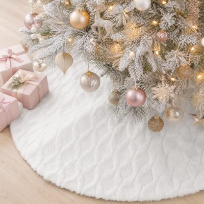 Cream Knitted Christmas Tree Skirt 24 Inch Plush Faux Fur Decor Collar