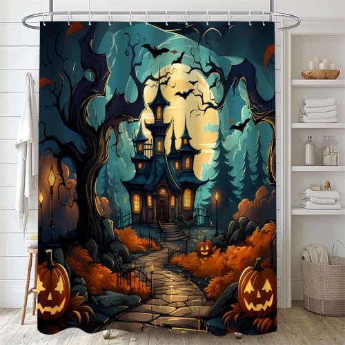 Halloween Haunted House Shower Curtain Set with Rugs - Black