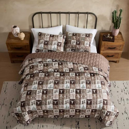 Queen Reversible Quilt Set with Matching Shams - Western Patch Design, Fall Brown