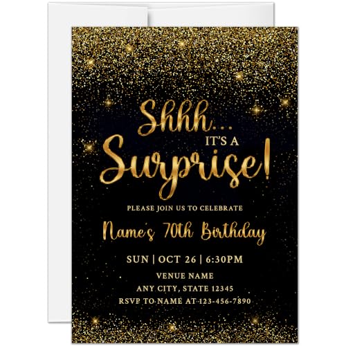 Black Gold 70th Surprise Birthday Invitations - Personalized 5x7 Set with Envelopes
