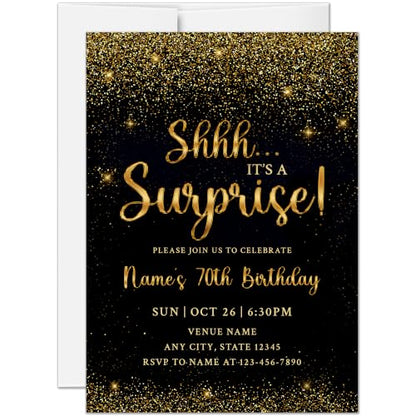 Black Gold 70th Surprise Birthday Invitations - Personalized 5x7 Set with Envelopes