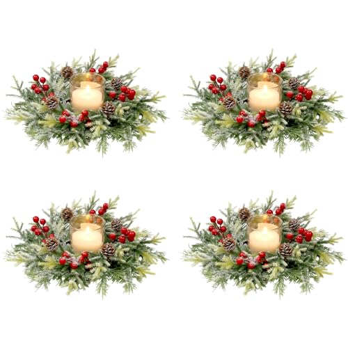 Christmas Candle Rings Wreath Set - 8 Small Artificial Red Berry Pinecones Norfolk Pine Holiday Decor