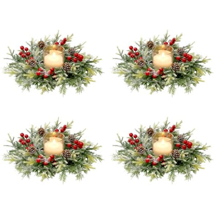 Christmas Candle Rings Wreath Set - 8 Small Artificial Red Berry Pinecones Norfolk Pine Holiday Decor