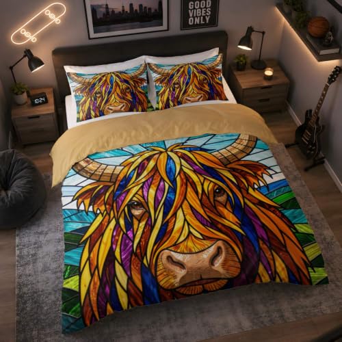Highland Cow Floral Duvet Cover Set for Farmhouse Bedroom, 16 Queen 90x90in + 20x30in Pillowcases