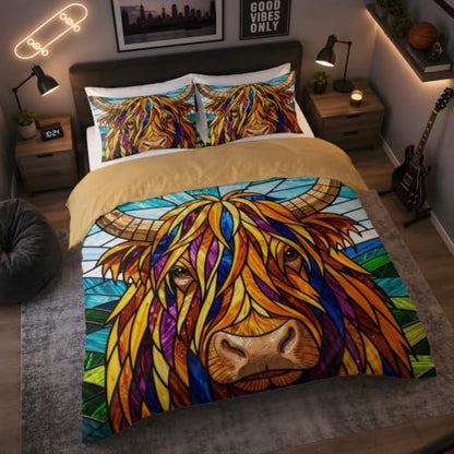 Highland Cow Floral Duvet Cover Set for Farmhouse Bedroom, 16 Queen 90x90in + 20x30in Pillowcases