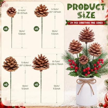24 Pcs Natural Pine Cones for Christmas Decorations with Wired Picks