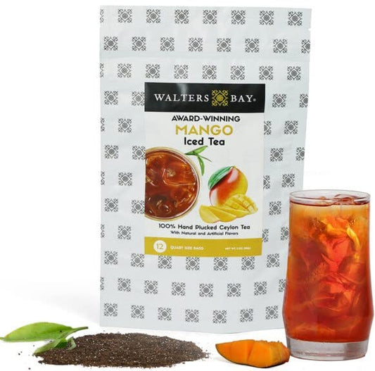 Walters Bay Mango Iced Tea, 12 Count, Quart Sized Tea Bags, Ceylon Tea, Unsweetened, Luscious Mango Fruit Flavored, 100% Hand Plucked, Black Tea, Sri Lankan Tea