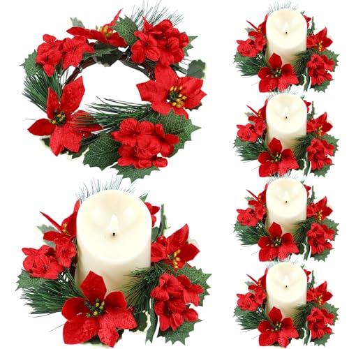Christmas Candle Rings Set with Red Poinsettia and Pine Decor - 6 Pack