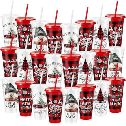 Christmas Plastic Cups with Lids & Straws - 24 oz Red & Black Plaid Set with Holiday Designs - Stylish Variation