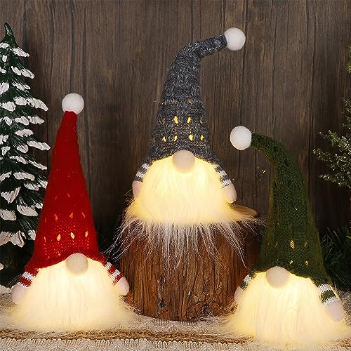Lighted Christmas Gnome Decor Set of 3 - Handmade Mini Holiday Figurines