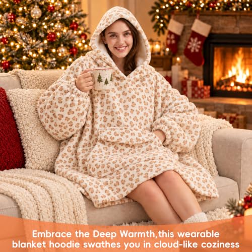 Wearable Blanket Hoodie Oversized Hoodie for Women Men - Yellow Leopard Print