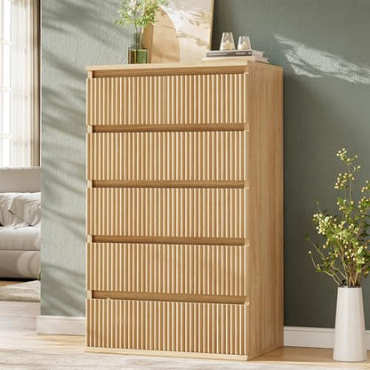 6-Drawer Fluted Dresser in Natural Oak - Tall Deep Drawers, Handleless Modern Wood Chest
