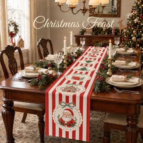 Christmas Table Runner Santa Gingerbread 13x72 Inch - Red Stripe Variation