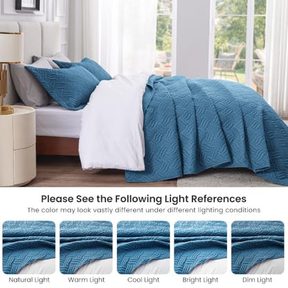 King Size Quilt Set - Wave Pattern Misty Blue 106x96 Inch Bedspread & Shams