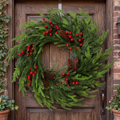 24 Inch Christmas Wreath with Pine Cones and Red Berries for Front Door
