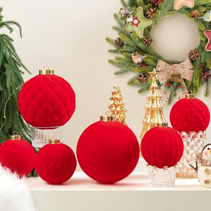 Red Velvet Christmas Ball Ornaments - 6 inch Shatterproof Holiday Decor Set (2pcs)