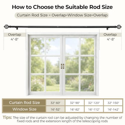 Heavy Duty Adjustable Black Curtain Rod 32-60 Inch - Modern Metal Finials