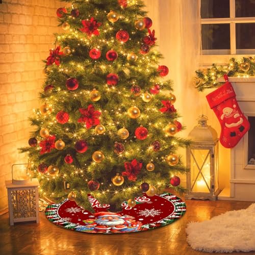 48 Inch Christmas Tree Skirt Green White Snowflake with Santa Red Buffalo Plaid Edge - 48" Plush