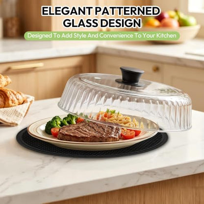 Black Glass Microwave Cover 10 Inch Splatter Guard with Silicone Mat & Vent Holes