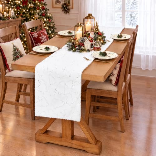White Faux Fur Christmas Table Runner with Silver Sequin Trees - 13x48 Inches - Variation of THIS listing