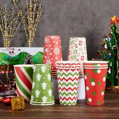 Retro Christmas Disposable Cups Set with Lids & Sleeves - 48 Pack, 16 oz Holiday Drinkware