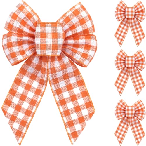 Fall Gingham Bow Set for Wreaths - Orange & White Decor, 4 Pack