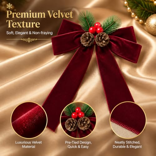 Burgundy Velvet Christmas Bow with Pine Cones - 6.3 Inch Holiday Wreath Decor