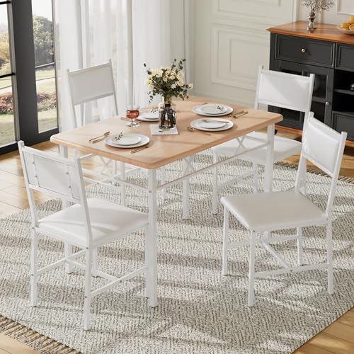 Natural White 5-Piece Dining Table Set for 4 with Upholstered Chairs - Space-Saving Kitchen Furniture