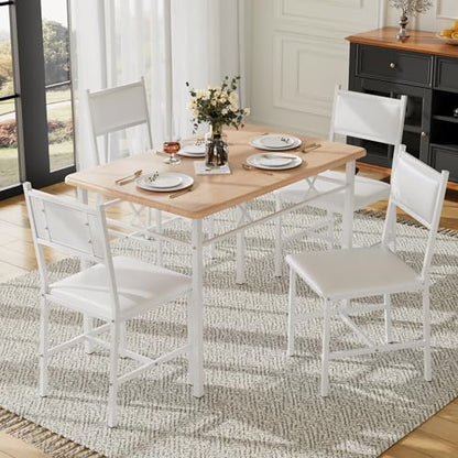 Natural White 5-Piece Dining Table Set for 4 with Upholstered Chairs - Space-Saving Kitchen Furniture