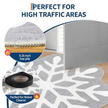 Christmas Snowflake Round Rug 4ft Grey Washable Non-Slip Low Pile Carpet for Living Room
