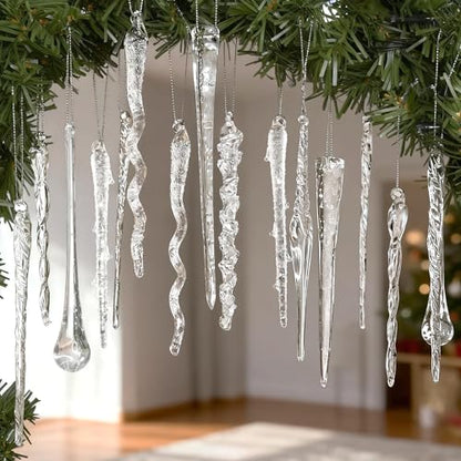 32-Piece Glass Icicle Christmas Ornaments - Textured Clear Decor for Tree & Holiday Displays
