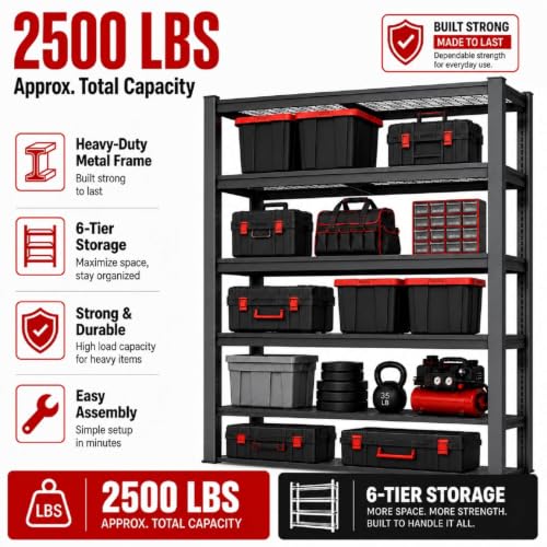 6-Tier Garage Shelving Unit - 68"W x 20"D x 84"H Adjustable Heavy-Duty Storage Rack - Variation of 1 / 6-T/68"Wx84"H x20"D
